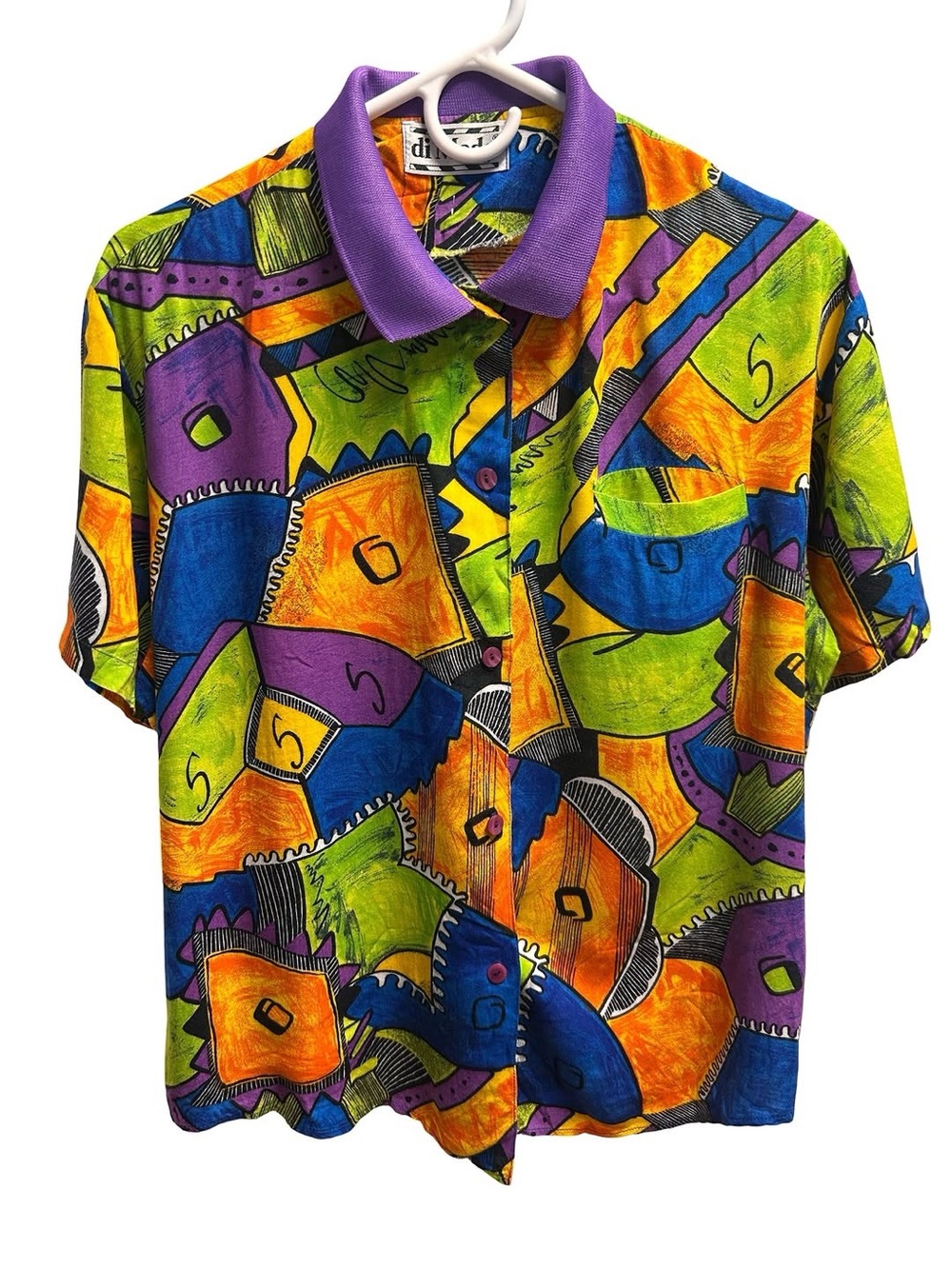 Moda Multicolor Abstract Button-Up Polo with Purple Collar